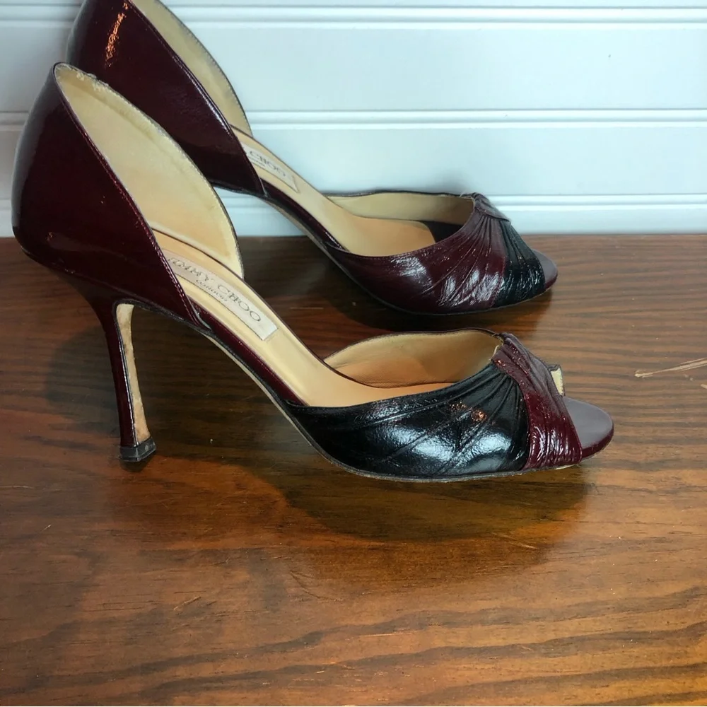 Jimmy Choo Patent Leather Wine and Black Bordeaux Heels Sz 39